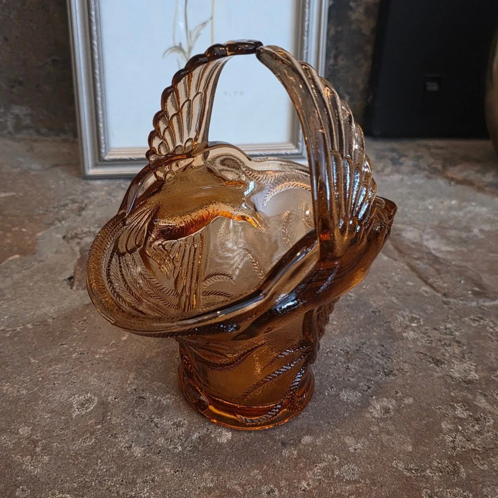Vintage Tiara Indiana Glass Peach Empress Bird of Paradise Basket Candy Dish 7in